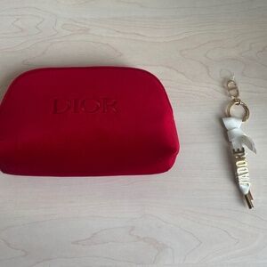 New Dior Red Velvet Like Zippered Bag w/ White & Gold Dior  “J’adore” Keychain